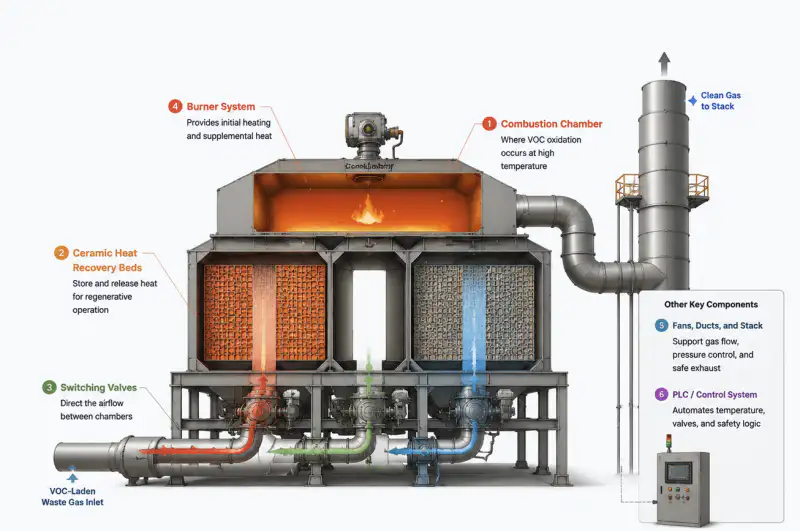 What Is a Regenerative Thermal Oxidizer (RTO)? | Industrial Air Pollution Control RTO System Structure Diagram — 6 Key Components